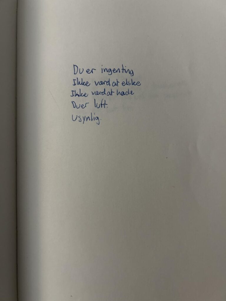 Side fra Chris´ dagbog: Der står: "Du er ingenting. Ikke værd at elske- Ikke værd at hade. Du er luft. Usynlig."
